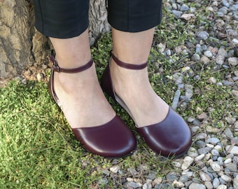 Burgundy Mary Jane Barefoot Sandals, Wide Minimalist Sandal in Genuine Leather