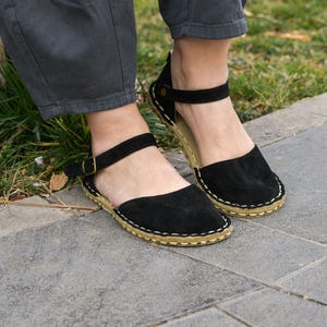 Women Grounding Sandals, Black Suede Genuine Leather Barefoot Style Copper Rivet Earthing Sandal