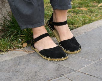 Sandalias de conexión a tierra para mujer, estilo descalzo, de gamuza negra y piel auténtica, con remaches de cobre.