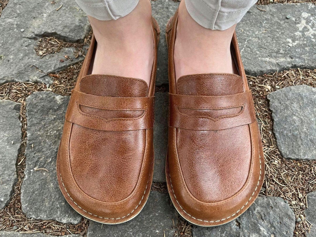 Handmade Brown Leather Barefoot Loafers: Wide Toe, Rubber Sole