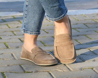 Handmade Taupe Suede Barefoot Loafers: Wide Toe Box, Zero Drop