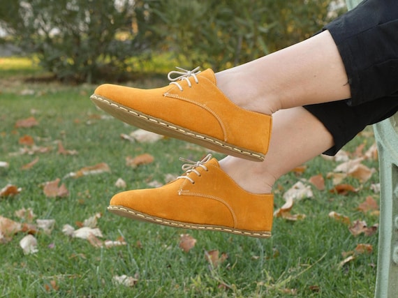 Yellow Suede Barefoot Shoes Women, Copper Grounding, Wide Toe