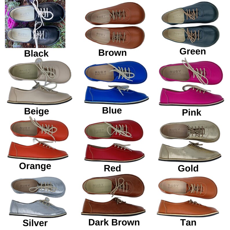 May include: A set of 12 pairs of women's leather shoes in various colours, including black, brown, green, beige, blue, pink, orange, red, gold, silver, dark brown, and tan. Each pair features a lace-up design and the brand name "RUBY" is visible on the shoes.