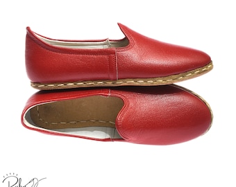 Red Women Handmade Turkish Shoes, Comfy Loafer, Flat Moccasins, Casual Leather Slip On