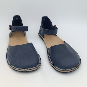 Barefoot, Minimalist, Handmade Navy Blue Women Sandals, Genuine Leather Comfy Flexible Rubber Sole