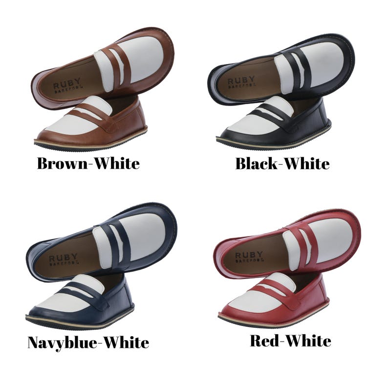 May include: Four pairs of loafers in different color combinations. Each pair features a white upper with a contrasting colored toe and heel. The brand name "RUBY BAKETTOL" is printed on the insole of each shoe.
