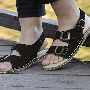 Barefoot Grounding Sandals Women, Copper Rivets, Zero Drop Leather Sole, Wide Toe Box Natural Black Suede Leather