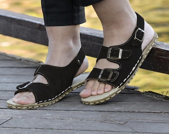 Sandalias descalzas de ante hechas a mano: remaches de cobre, suela de caída cero.