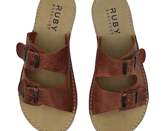 Barefoot Leather Brown Slippers, Sustainable Barefoot Sandals, Wide Slipper For Women