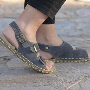 Women Grounding Sandals, Barefoot Style Copper Rivet Earthing Shoes, Gray Suede Genuine Leather