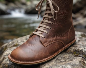 Brown Barefoot Boots Men, Minimalist Zero Drop Boot, Handmade Lace-up Boot, Comfortable Wide Toe Box