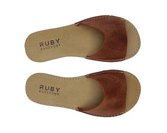 Pantoufles minimalistes pour femmes – Mules minimalistes en cuir marron, bout large, style de vie minimaliste