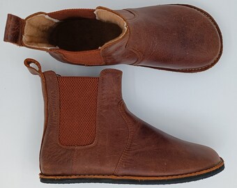 Botas de tobillo de cuero descalzo Chelsea para mujer, botas con punta ancha, botas de invierno hechas a mano, botas totalmente naturales con suela de caída cero