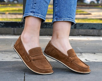 Handmade Brown Suede Leather Barefoot Loafers: Wide Toe Box Zero Drop Shoes