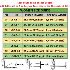 May include: A chart showing women's shoe sizes in US, EU, and insole length in inches and centimeters. The chart also shows the toe box width in inches and centimeters. The chart is green and yellow with black text. The chart is titled "Women Size Guide".