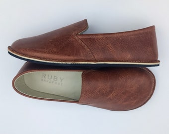Barefoot Brown Leather Shoes Men, Minimalist Rubber Sole Barefoot Brown Leather Shoes Men, Minimalist Rubber Sole