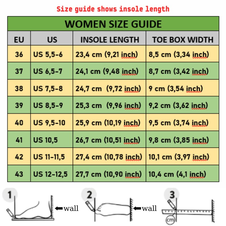 May include: A chart showing women's shoe sizes in US and EU sizes, along with the corresponding insole length and toe box width in centimeters and inches. The chart is labeled "Women Size Guide".