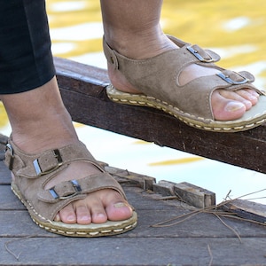 Womens Barefoot Grounding Sandals, Copper Rivets, Zero Drop Leather Sole, Wide Toe Box Natural Taupe Suede Leather
