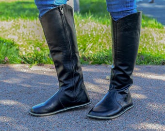 Black Genuine Leather Barefoot Boots: Lace-Up Winter Boots, Rubber Sole, Wide Toe Box