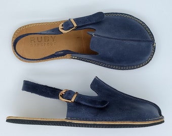Handmade Leather Barefoot Sandals: Navy Blue Wide Toe Box Slippers
