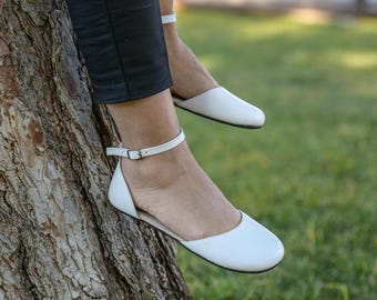 Mary Jane Barefoot Wedding Sandals, White Leather Minimalist Sandal, Wide Sandals For Women