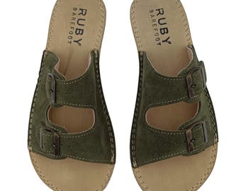 Sustainable Barefoot Slipper, Minimalist Sandals, Suede Leather Green Slides, Wide Sandal For Women
