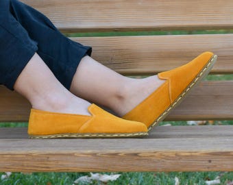 Grounding Barefoot Shoes, Copper Earthing, Leather Sole, Yellow Genuine Leather