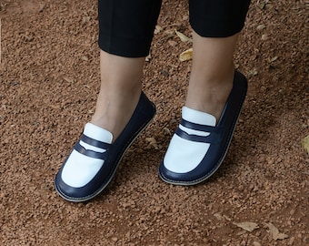 Navy Leather Barefoot Loafers: Wide Toe Box, Zero Drop Handmade Shoes