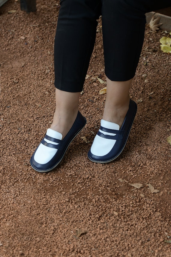 Navy Leather Barefoot Loafers: Wide Toe Box, Zero Drop Handmade Shoes