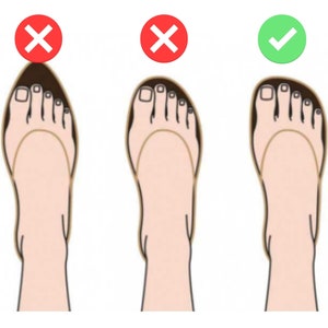 May include: Three illustrations of feet wearing flip-flops. The first two feet are marked with a red X, while the third foot is marked with a green tick. The illustration shows the correct way to wear flip-flops.