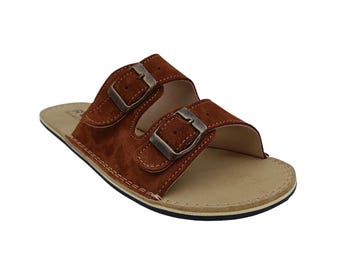 Sustainable Barefoot Slippers, Minimalist Sandals, Leather Suede Brown Sandal, Wide Slides For Women