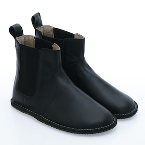 Barefoot chelsea boots dames, zwarte leren enkellaars, laarzen met brede neus, handgemaakte winterschoenen, zero drop rubberen zool