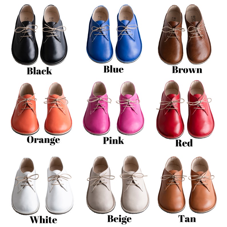May include: Nine pairs of leather lace-up shoes in various colours, including black, blue, brown, orange, pink, red, white, beige, and tan.