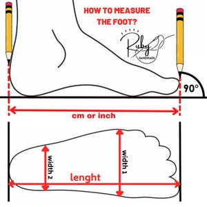 May include: Diagram showing how to measure the length and width of a foot in centimetres. The diagram shows a foot with red lines indicating where to measure. The text "HOW TO MEASURE THE FOOT?" is at the top of the diagram. The text "cm or inch" is below the foot. The text "width 1" and "width 2" are on the right and left sides of the foot. The text "lenght" is below the foot.