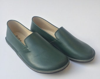 Barefoot Green Leather Moccasins: Wide Toe Box Slip-Ons