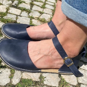 Blue Minimalist Barefoot Handmade Leather Women Sandal, Comfortable Wider, Flexible Rubber Sole.