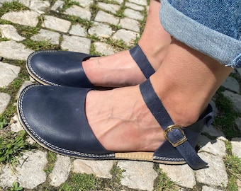 Blue Minimalist Barefoot Handmade Leather Women Sandal, Comfortable Wider, Flexible Rubber Sole.