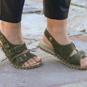 Women Grounding Sandals, Barefoot Copper Rivet Earthing Shoes, Green Suede Genuine Leather