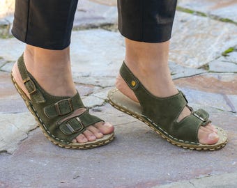 Sandalias de conexión a tierra para mujer, zapatos descalzos con remaches de cobre, de gamuza verde y piel auténtica.