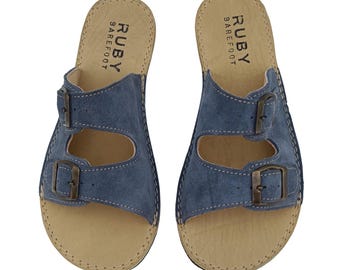 Barefoot Leather Suede Gray Slippers, Sustainable Barefoot Sandals, Wide Slipper For Women