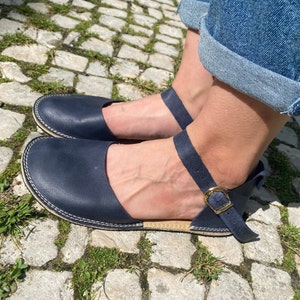 Blue Minimalist Barefoot Handmade Leather Women Sandal, Comfortable Wider, Flexible Rubber Sole.