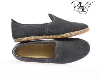 Blue Handmade Leather Moccasins: Turkish Yemeni Slip-Ons
