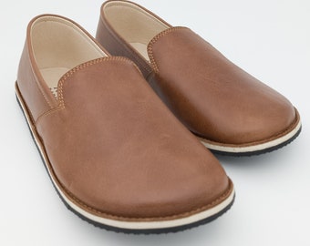 Barefoot Brown Women Shoes, Minimalist Rubber Sole Moccasins, Narrow Heel Wide Toe Box Comfy Slip On