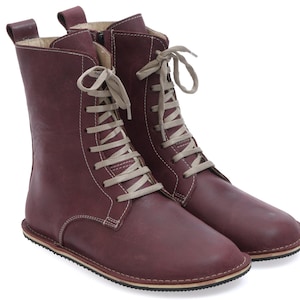 Handcrafted Burgundy Leather Barefoot Boots - Wide Fit Women's Shoes
