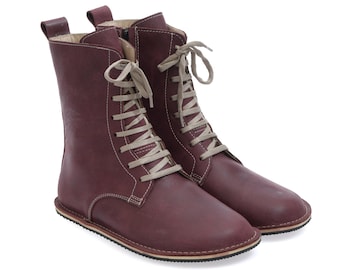 Botas descalzas de piel burdeos hechas a mano - Zapatos de mujer de horma ancha