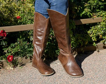 Brown Handcrafted Genuine Leather Long Boots for Barefoot Style Lovers