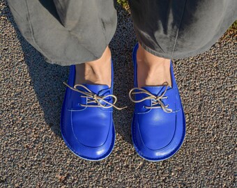 Blue Leather Barefoot Loafers: Wide Toe Box Zero Drop Moccasins