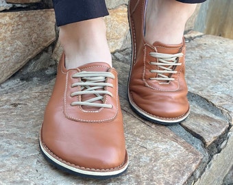 Chaussures pieds nus pour femme, chaussures minimalistes à lacets en cuir véritable, chaussures à semelle en caoutchouc, talon étroit, bout large et confortable, cadeau pour elle