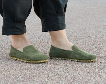Womens Barefoot Shoes, Copper Grounding, Leather Sole, Green Genuine Leather