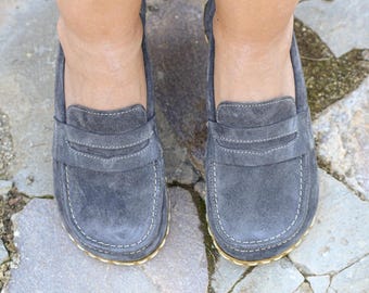 Handmade Gray Suede Grounding Shoes: Women's Copper Rivet Leather Soles